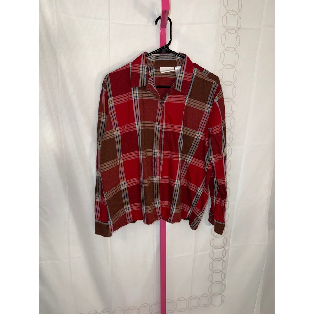 Liz Claiborne Women Red Brown Plaid Long Sleeve Button Down Shirt Size Medium
